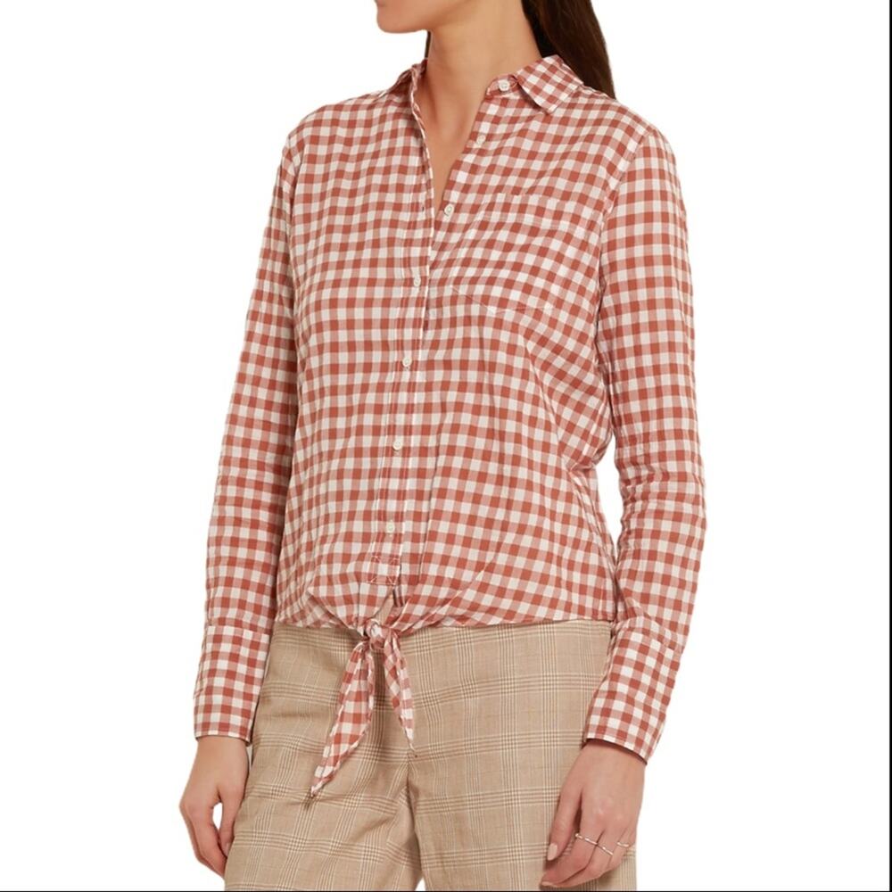 J.Crew Tie-Front Gingham Stretch Cotton Shirt Brick Rust Red Long Sleeve Size 10
